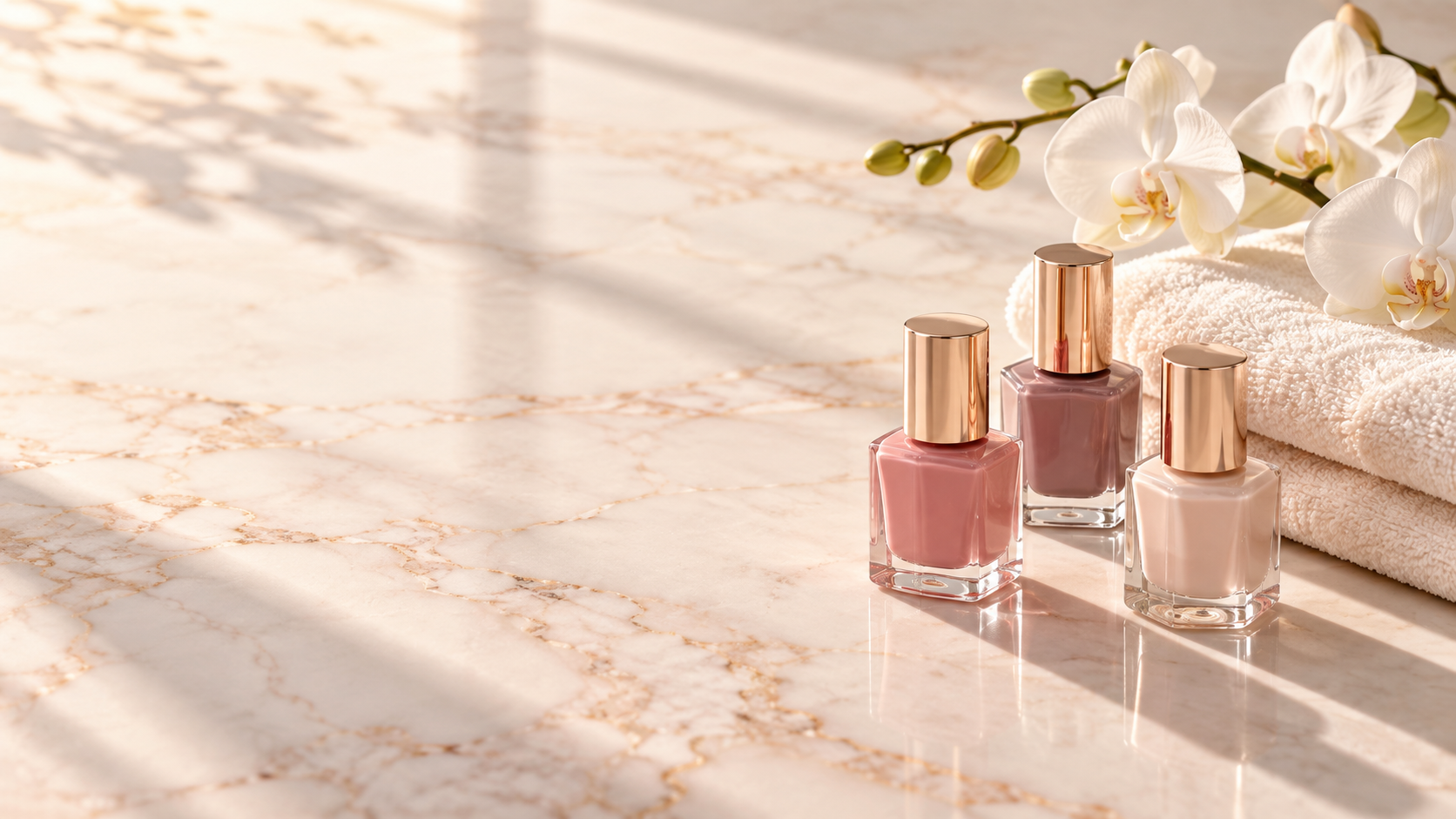 Illustrative still life of nail polish bottles in soft rose tones on marble