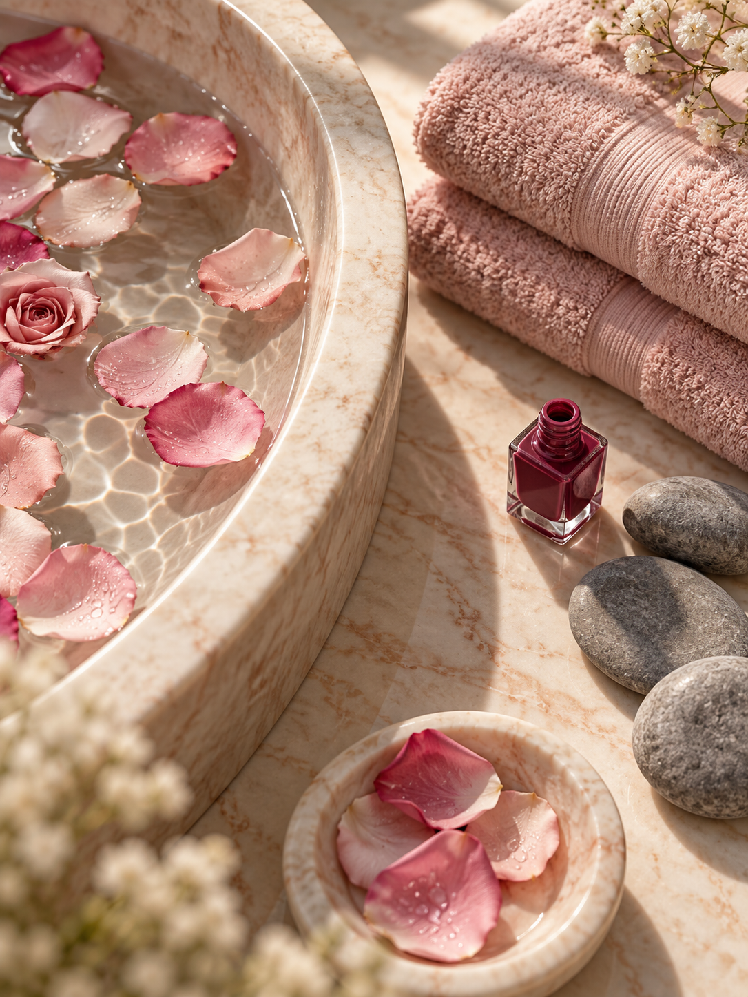 Illustrative spa vignette with rose petals on water and folded towels